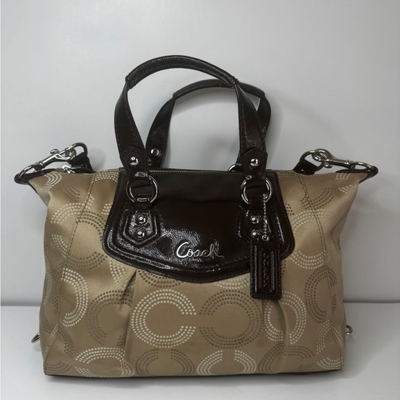 Coach Ashley Signature Brown Beige Satin Satchel Purse Shoulder Strap - Picture 1 of 10